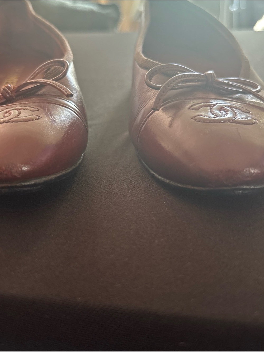 Chanel Brown Size 38/7 Slip On Ballerina Flats With CC Logo and Small Bow Detail - Picture 13 of 14